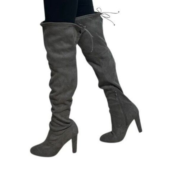 NWOT Over The Knee Heeled Boots Women's Size 8.5 Gray Vegan Leather Thigh High - Picture 3 of 7